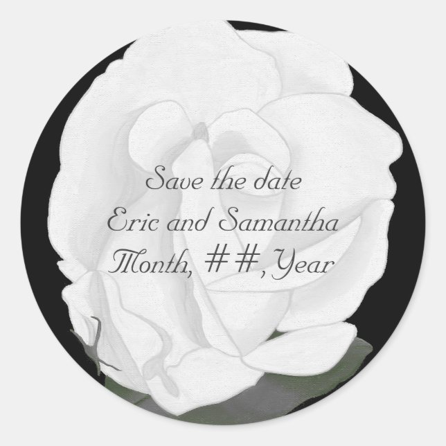 Save the date stickers, white rose, wedding classic round sticker (Front)