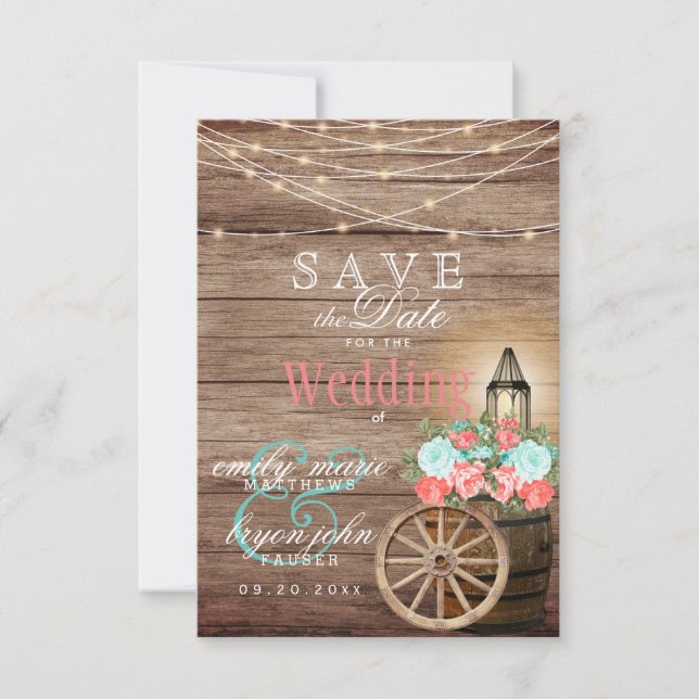 Save the Date - String Lights, Barrel- Teal, Coral (Front)