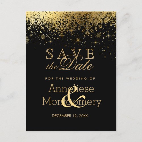 Save the Date Stylish Black and Gold Snowflake Announcement Postcard