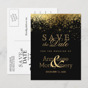 Save the Date Stylish Black and Gold Snowflake Announcement Postcard