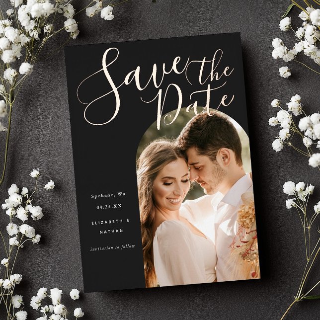 Save the Date Stylish Script Arch Frame Photo  Foi Foil Invitation (Creator Uploaded)