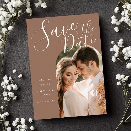 Save the Date Stylish Script Arch Frame Photo  Foi Foil Invitation