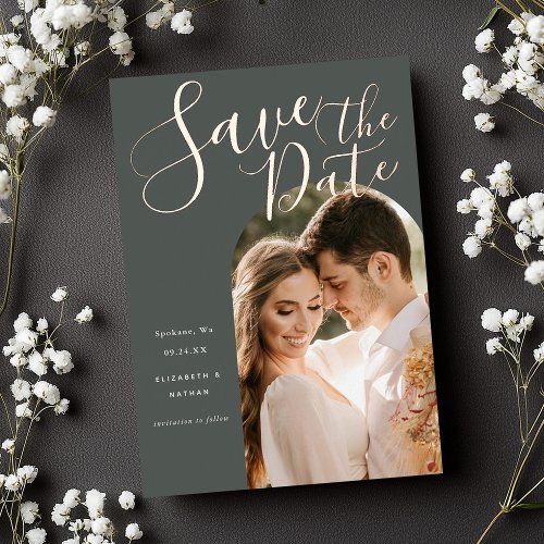 Save the Date Stylish Script Arch Frame Photo  Foil Invitation