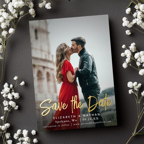 Save the Date Stylish Script Photo Foil Invitation