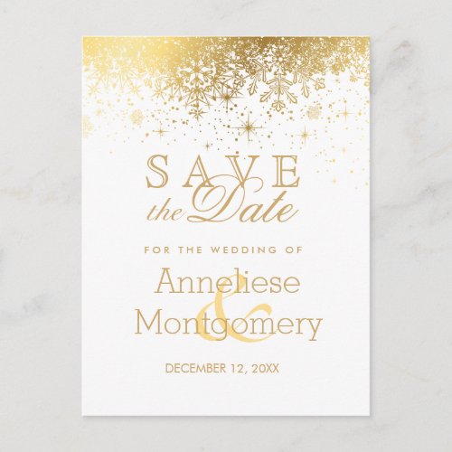 Save the Date Stylish White and Gold Snowflake Announcement Postcard