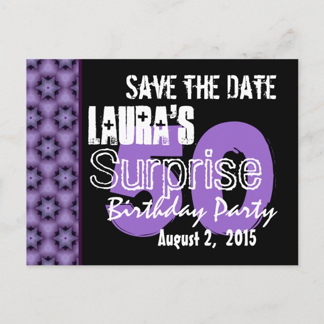 Save the Date Surprise 50th Modern Purple Black 02 Announcement Postcard (Front)