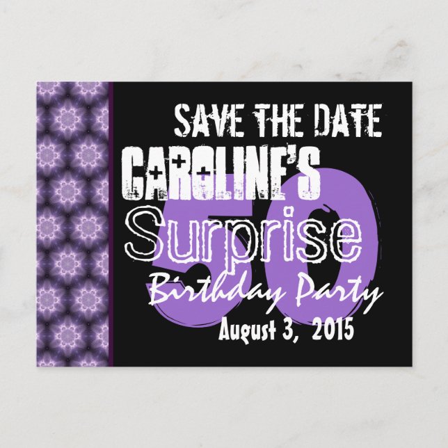 Save the Date Surprise 50th Modern Purple Black 04 Announcement Postcard (Front)