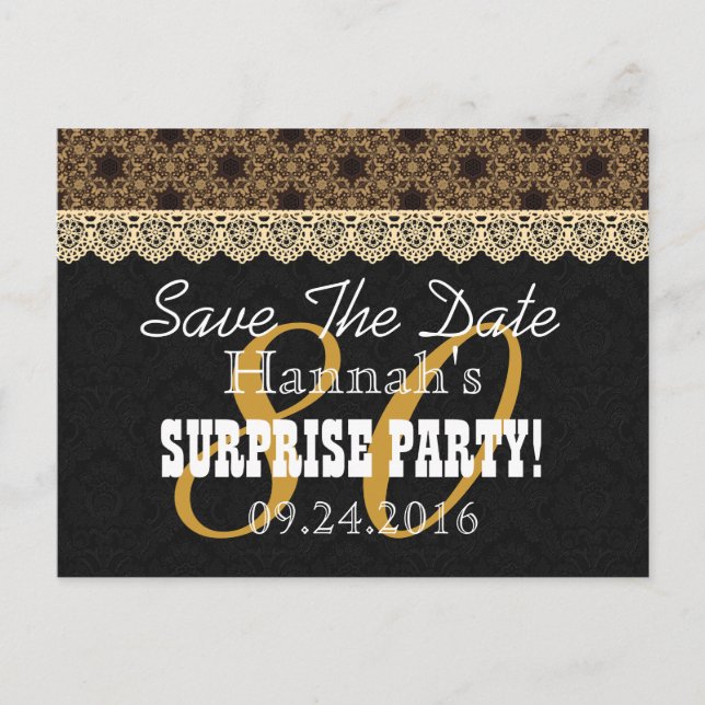 Save the Date SURPRISE 80th Birthday N03C GOLD Announcement Postcard (Front)