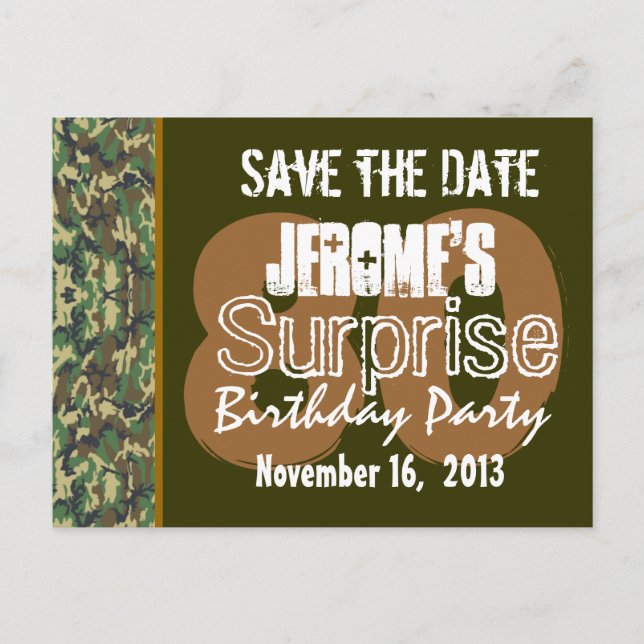 Save the Date Surprise 80th Party CAMO V02 Announcement Postcard (Front)