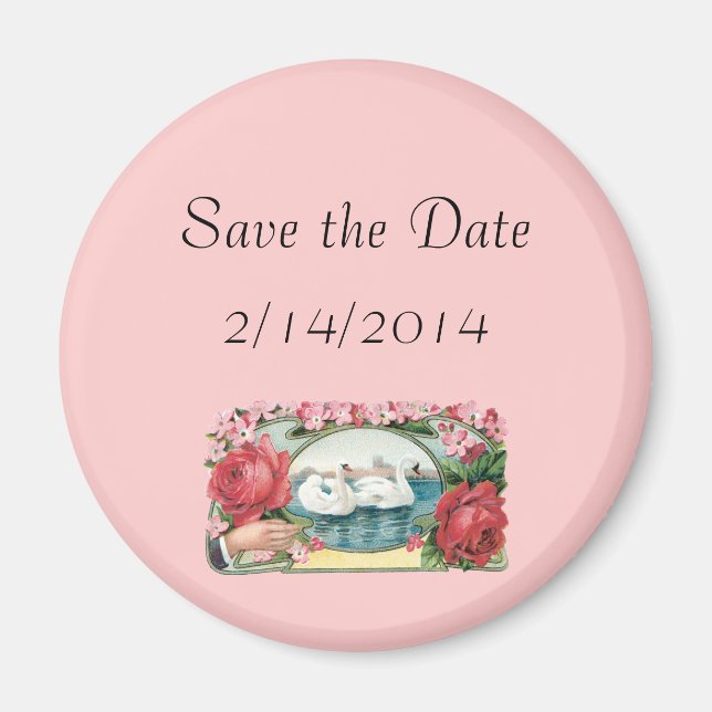 Save the Date Swans Roses Custom Magnet (Front)