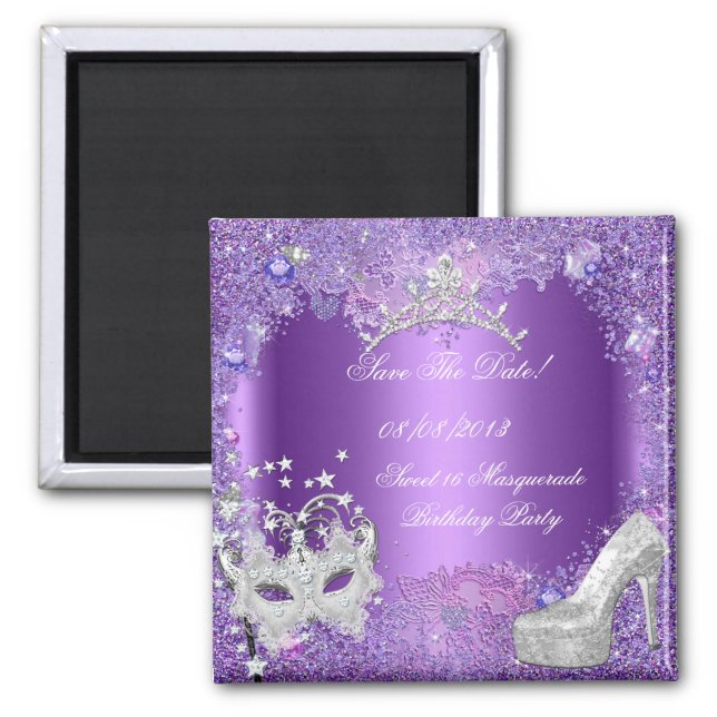 Save The Date Sweet 16 Masquerade Purple Magnet (Front)
