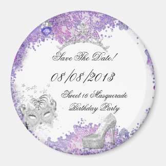 Save The Date Sweet 16 Masquerade Purple White 2 Magnet