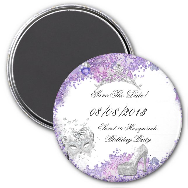 Save The Date Sweet 16 Masquerade Purple White 2 Magnet (Front)