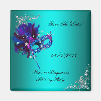 Save The Date Sweet 16 Masquerade Teal Magnet