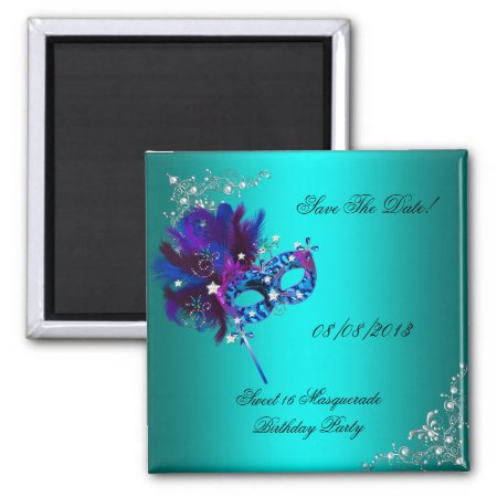 Save The Date Sweet 16 Masquerade Teal Magnet