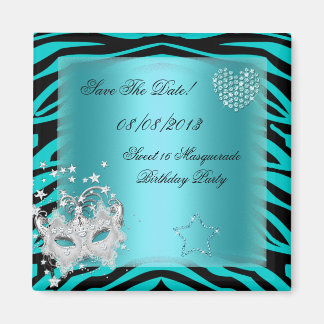 Save The Date Sweet 16 Masquerade Teal Zebra Magnet