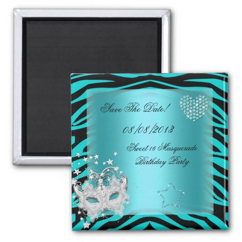 Save The Date Sweet 16 Masquerade Teal Zebra Magnet