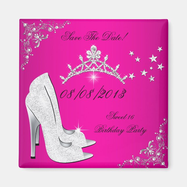 Save The Date Sweet 16 Pink High Heels Shoes Tiara Magnet (Front)