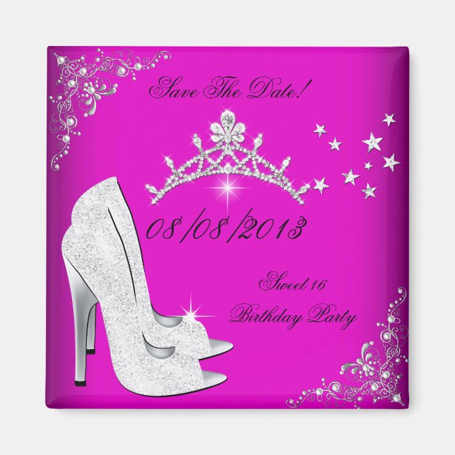Save The Date Sweet 16 Pink High Heels Shoes Tiara Magnet (Front)