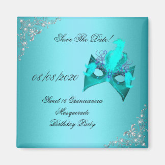 Save The Date Sweet 16 Quinceanera Masquerade Teal Magnet
