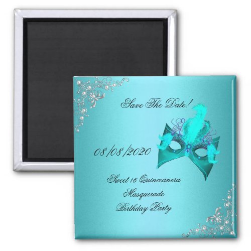 Save The Date Sweet 16 Quinceanera Masquerade Teal Magnet