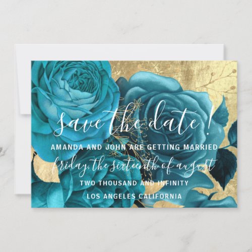 Save The Date Teal Blue Wreath Golden