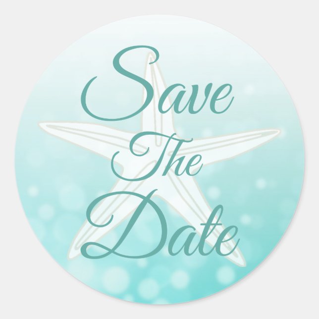 Save the Date Teal Bubbles StarfishWedding Sticker (Front)
