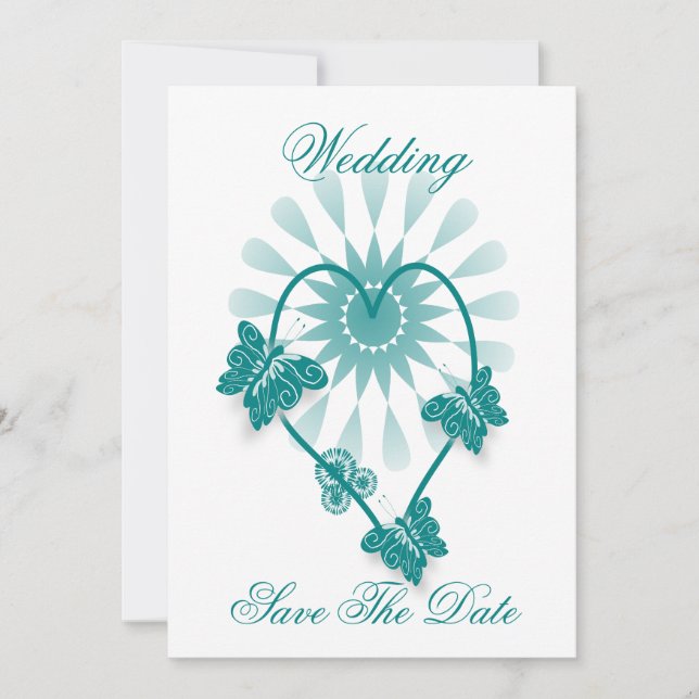 Save The Date Teal Coloured Butterflies Heart (Front)