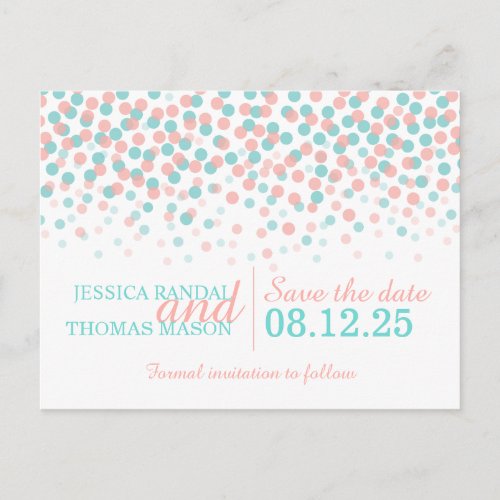 Save the date teal coral confetti wedding card
