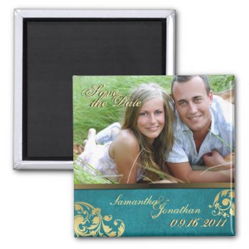 Save The Date Teal & Gold Shimmer Floral Magnet by OLPamPam at Zazzle