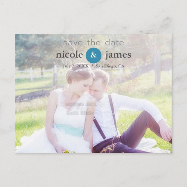 SAVE THE DATE Teal Typography Photo Postcard (Front)