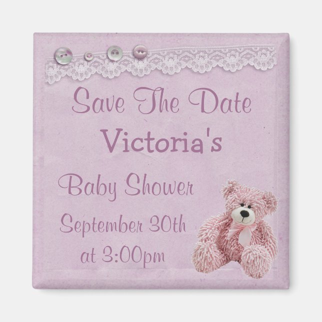 Save the Date Teddy Bear Baby Girl Shower Magnet (Front)