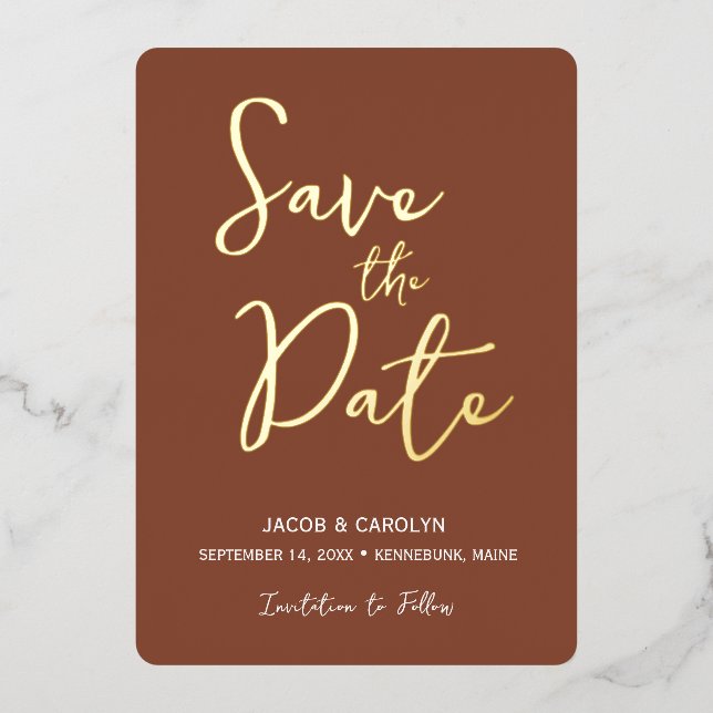 Save the Date Terracotta Gold Wedding Foil Invitation (Front)