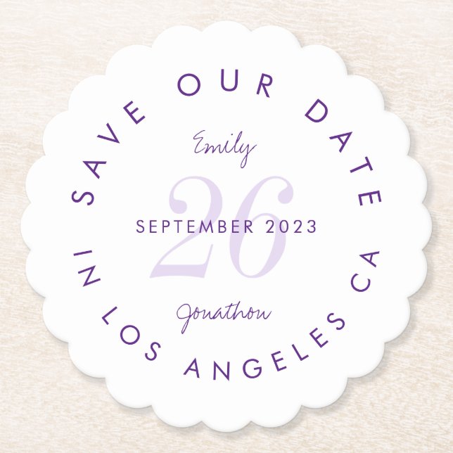 Save the Date Tinted Day Purple Typographical Paper Coaster (Front)