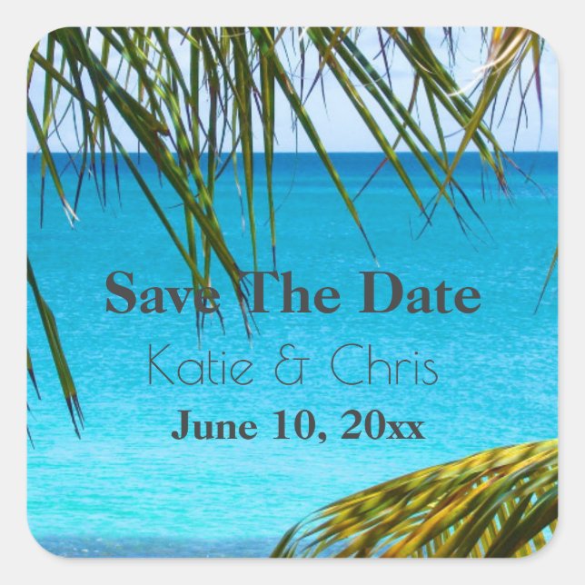 Save The Date Tropical Azure Beach and Palm Fronds Square Sticker (Front)