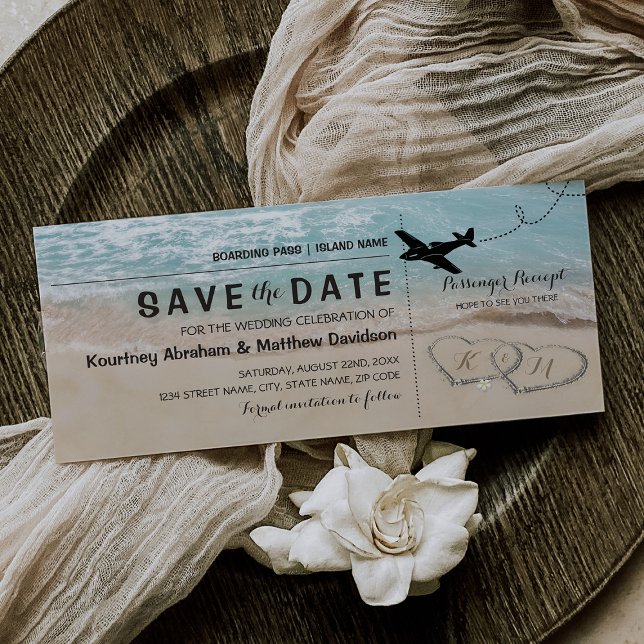 Save the Date Tropical Beach Hearts Boarding Pass (Creator Uploaded)
