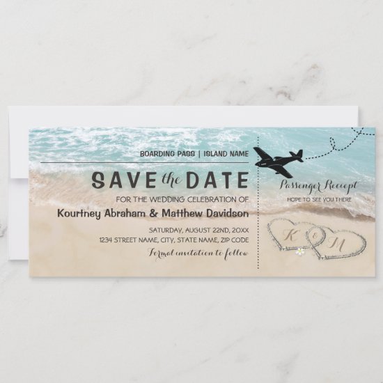 Save the Date Tropical Beach Hearts Boarding Pass