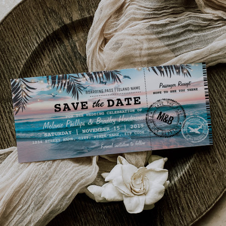 Save The Date Tropical Beach Lights Boarding Pass