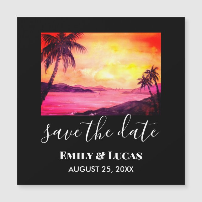 Save the Date Tropical Beach Sunset Watercolor (Front)