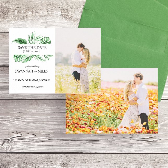 Save the date tropical greenery photo card (Creator Uploaded)