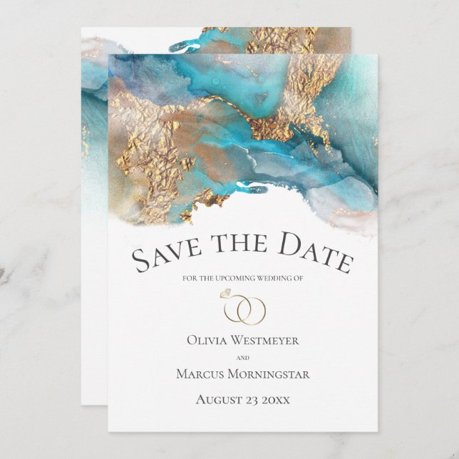 Save the Date Turquoise and Gold Ink Marble Invitation (Front/Back)