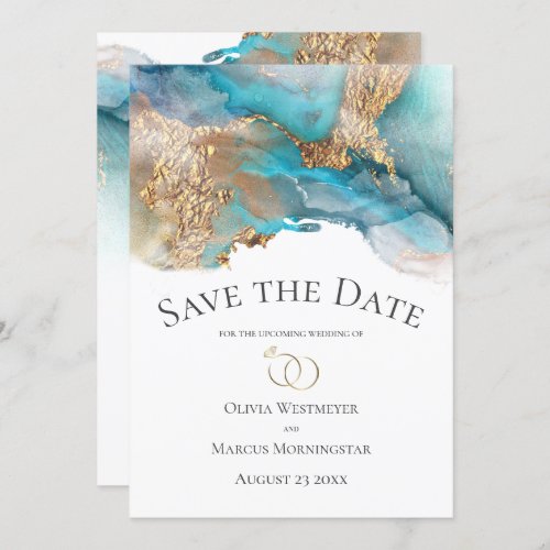 Save the Date Turquoise and Gold Ink Marble Invitation