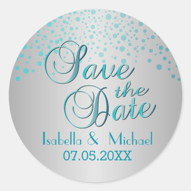 Save the Date | Turquoise Blue Dots | Personalize Classic Round Sticker (Front)