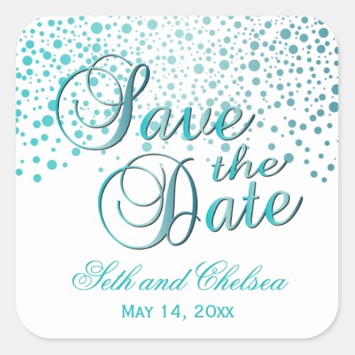 Save the Date Turquoise Blue Dots  Personalize Square Sticker