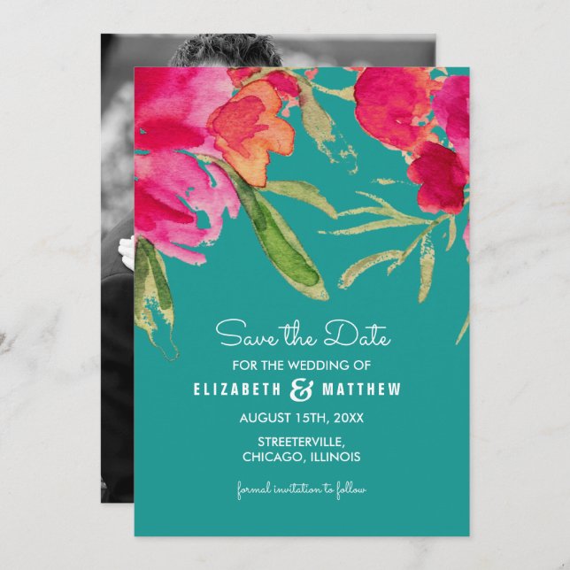 Save the Date. Turquoise Fuchsia Floral Cards (Front/Back)
