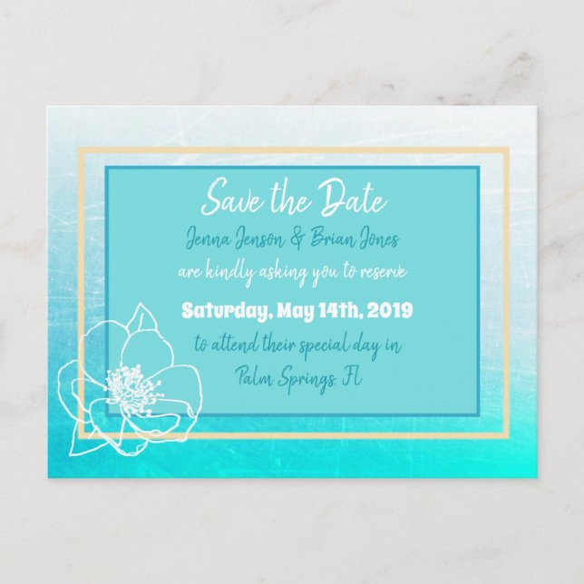 Save the Date Turquoise Teal White Flower Wedding Postcard (Front)