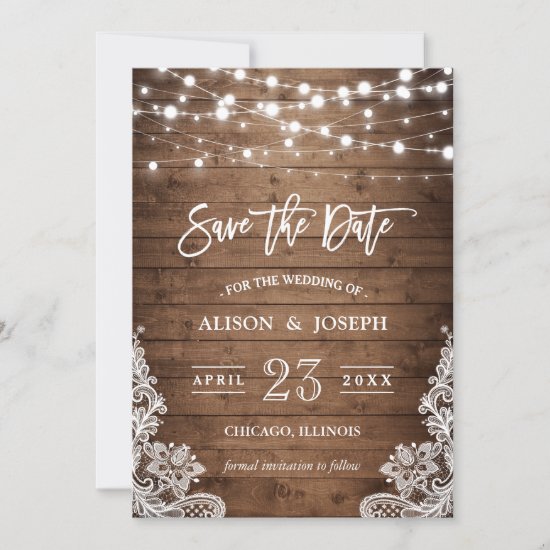 Save The Date - Twinkle Lights Rustic Wood Lace