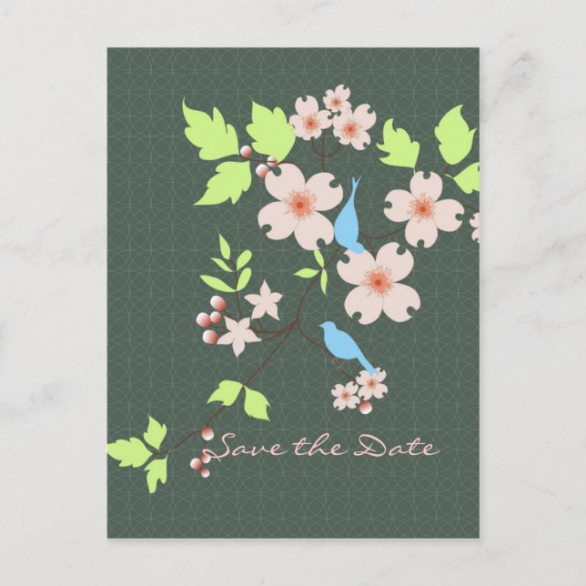 Save the Date two blue birds on dogwood branch Announcement Postcard (Front)