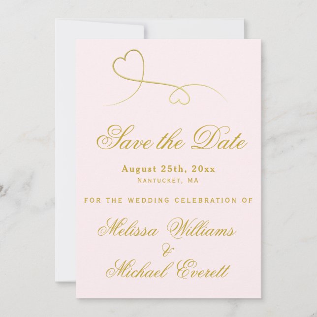 Save the Date | Two Gold Hearts Blush Pink Wedding (Front)