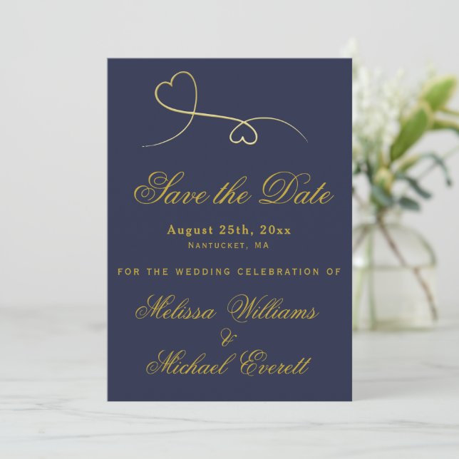 Save the Date | Two Gold Hearts Navy Blue Wedding (Standing Front)